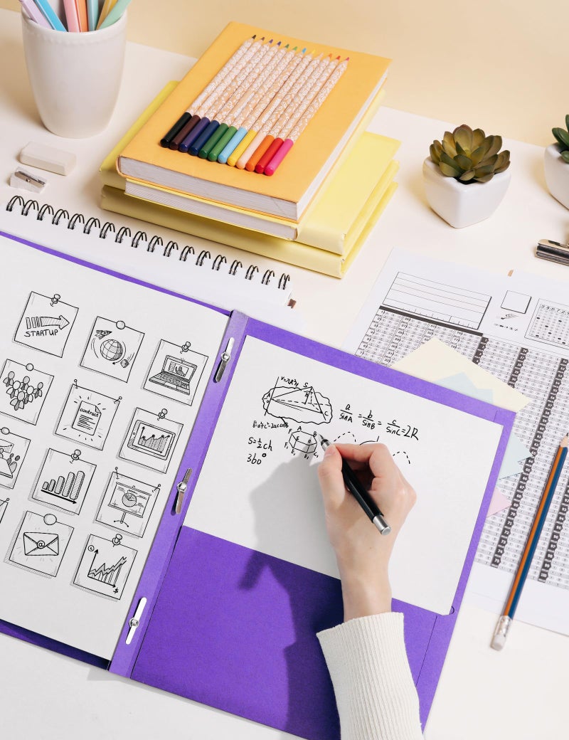 ساني مجلدات SUNEE ذات جيبين ومشابك (عبوة من 25 مجلدًا، لون بنفسجي)، مجلدات ورقية بجيبين و3 مشابك تناسب ورق بحجم الرسائل، مجلدات بمشابك للمدرسة والمكتب والمنزل والأعمال - Image 4